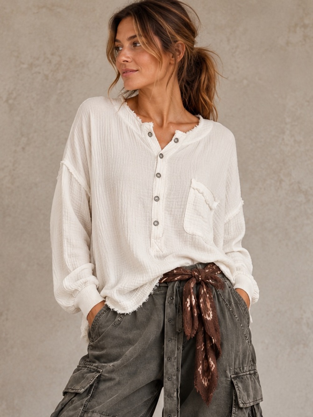 We The Free/Free People Oversized 100% Cotton Gauze Henley Tunic in White